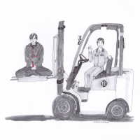 Bai Haotian carrying Xiaoge in a forklift